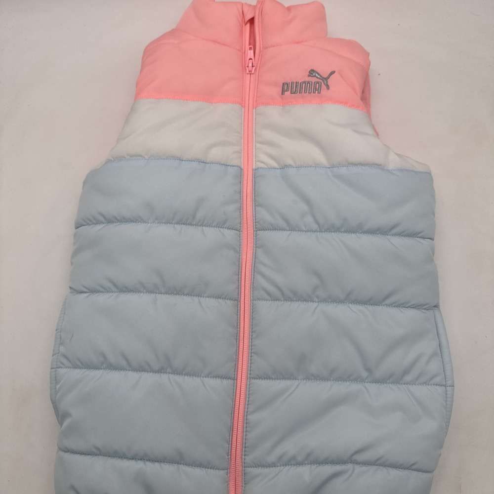 Bright Pink Puma Puffer Vest Girls Size 7/8 Silver Logo Zip Up